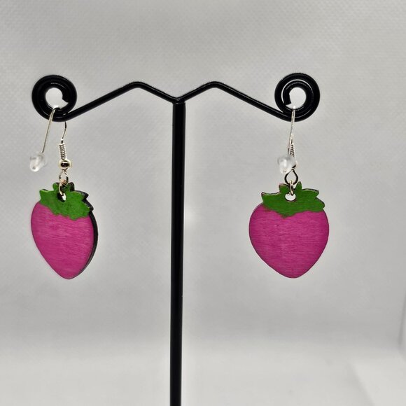 Handcrafted Laser-Cut Strawberry Earrings |  925 Sterling Silver Fish Hooks - Picture 5 of 8